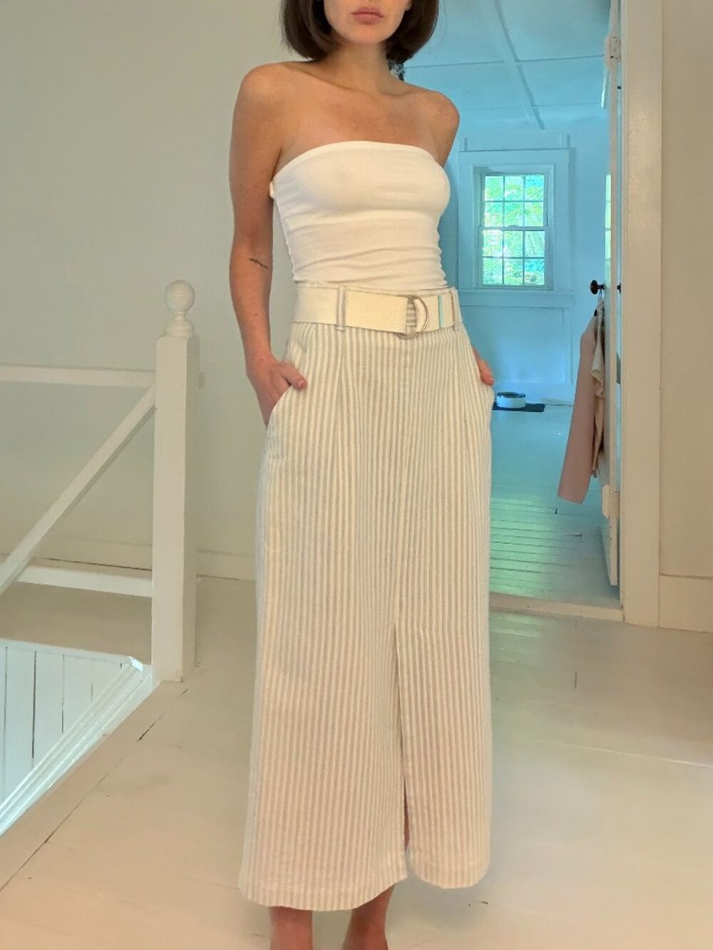 Candie's Vintage 90s Pinstripe Belted Midi Pencil Skirt Blue/Ivory Size 9/10